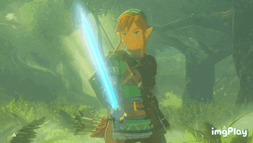 a video game character is holding a blue sword and shield and says imgplay