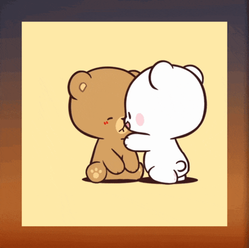a couple of teddy bears hugging each other on a yellow background