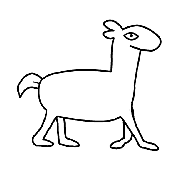 a black and white drawing of a llama with long legs and a tail