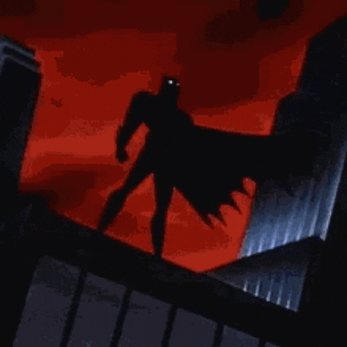 a cartoon of batman standing on the edge of a building with a blue cape .
