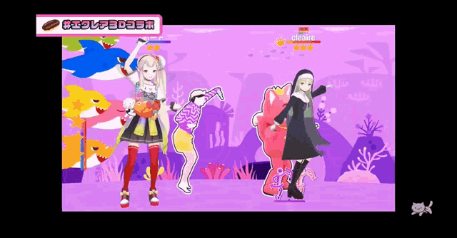 a video game screen shows a nun and a shark dancing