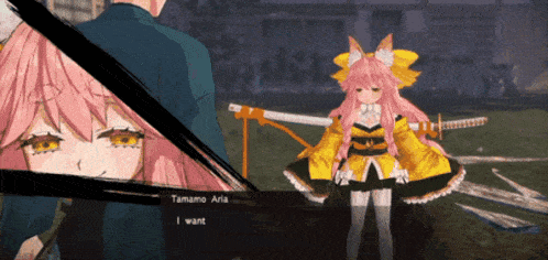a video game character named tamamo aria is standing next to a man