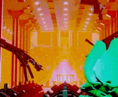 a computer generated image of a room with guns and a green object