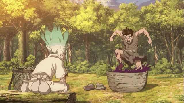 a cartoon of a man sitting on a rock next to a bucket of purple liquid