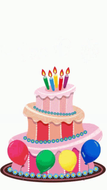 a pink birthday cake with balloons and candles on top