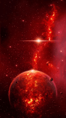 a planet in the middle of a red space with a star in the background