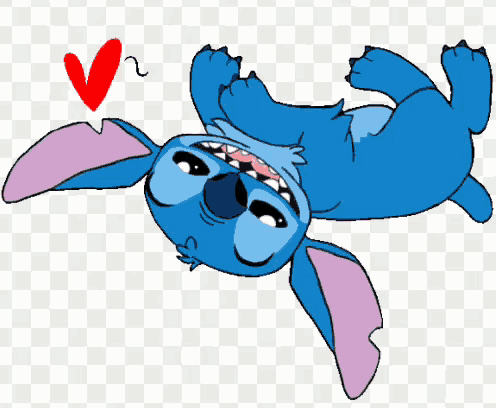 stitch is laying on his back with a red heart above him