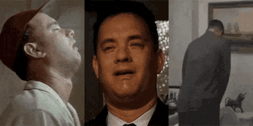 a collage of three pictures of a man in a hat , suit and tie .