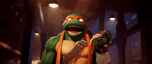 a teenage mutant ninja turtle with his mouth open holding a sword
