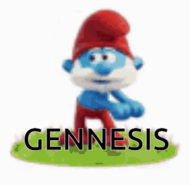 a smurf with a red hat and red pants is standing in the grass with the word genesis written on it .