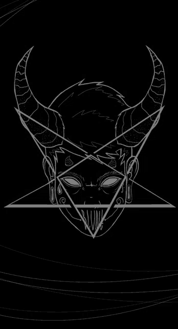a black and white drawing of a demon with horns and a pentagram on a black background .