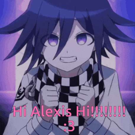 a purple haired anime character with the words hi alexis hi written on it