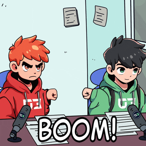 a cartoon of two boys sitting at a table with boom written on a piece of paper in front of them