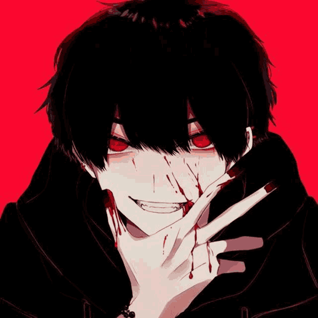 a bloody anime boy with red eyes is making a peace sign with his bloody hand .