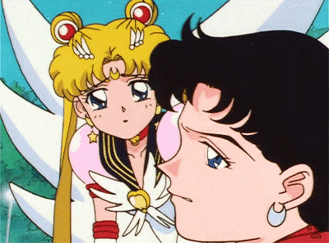 a man and a woman are standing next to each other and looking at each other in a cartoon .