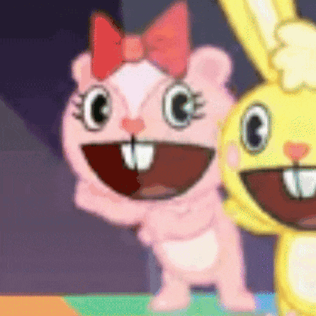 a pink squirrel with a red bow is standing next to a yellow bunny rabbit .