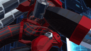 a close up of a red robot with a blue light behind it
