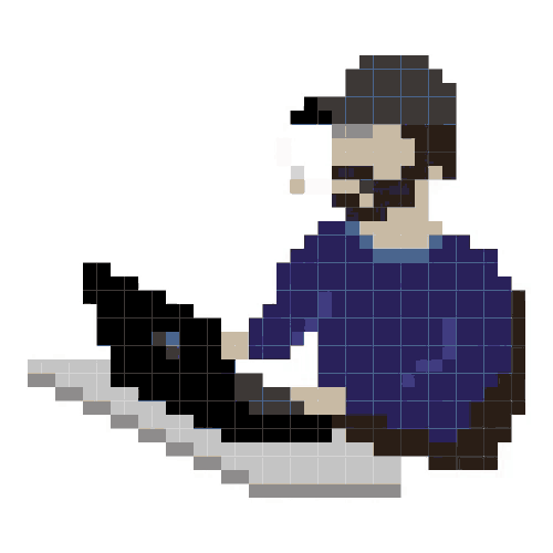 a pixel art drawing of a man smoking a cigarette while using a laptop