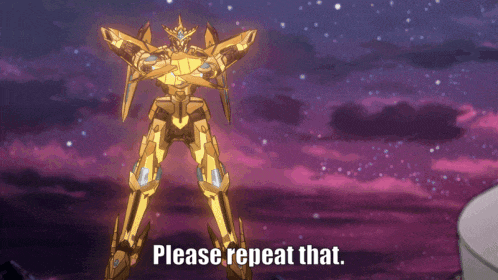 a robot says please repeat that in front of a starry sky