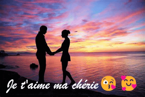 a man and woman holding hands on a beach with the words je t 'aime ma cherie below them