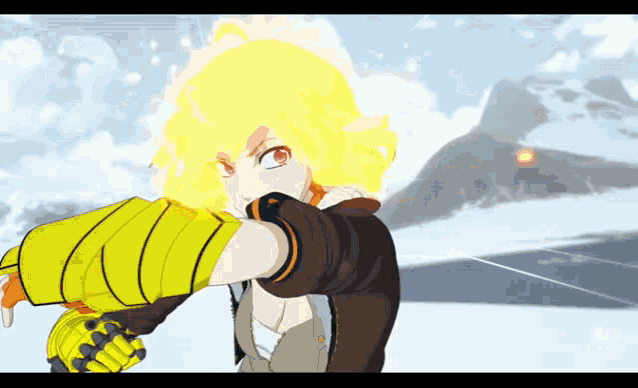 a girl with yellow hair and red eyes is wearing a yellow glove