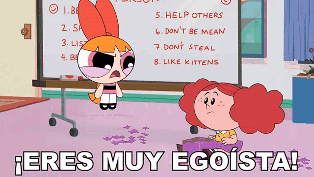 a cartoon of a girl standing next to another girl with the words eres muy egoista