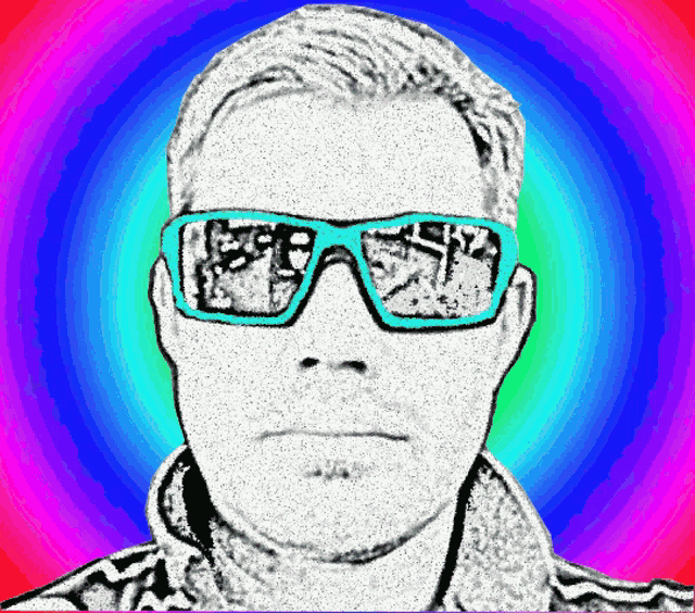a drawing of a man wearing sunglasses against a colorful background