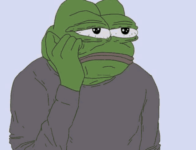 a cartoon of a green frog wearing a grey sweater covering his face with his hand .