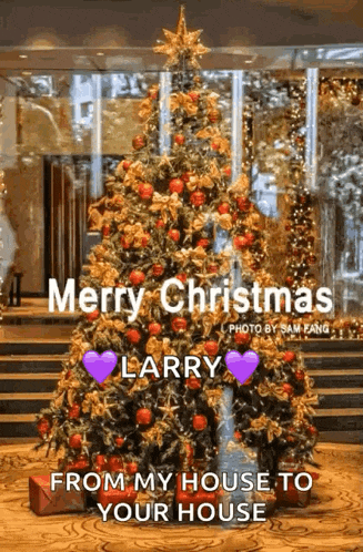 a christmas tree with purple hearts on it and the words merry christmas from my house to your house