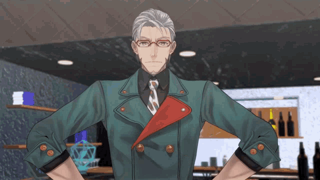 a man wearing glasses and a green jacket with red trim