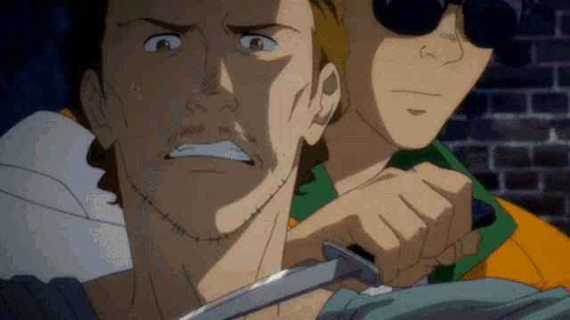 a cartoon of a man holding a knife to his neck