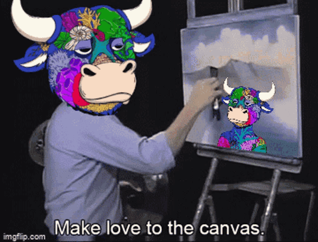 a man with a bull on his head is painting a picture of a cow