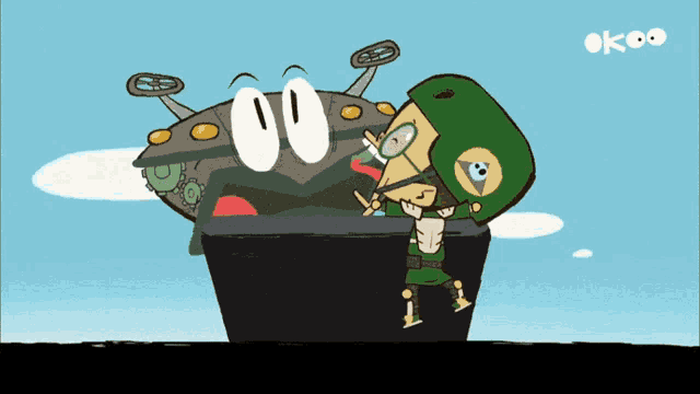 a cartoon of a man in a green hat standing next to a robot with the word ok on the bottom right