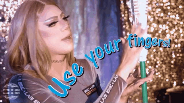 a woman is holding a mop with the words use your fingers