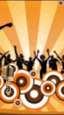 a microphone with the letter e on it stands in front of a crowd of people