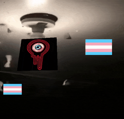 a picture of a bloody eye with a transgender flag behind it