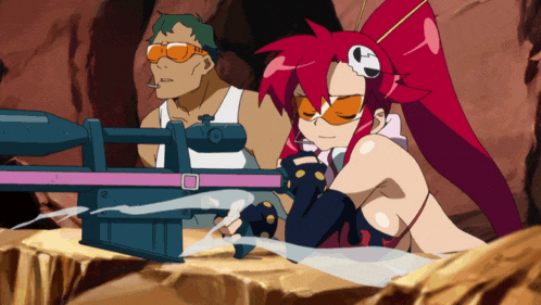 a woman with red hair is holding a sniper rifle next to a man with green hair