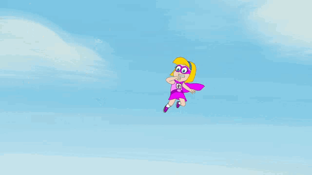 a cartoon of a man and a girl in a city with the girl flying in the air