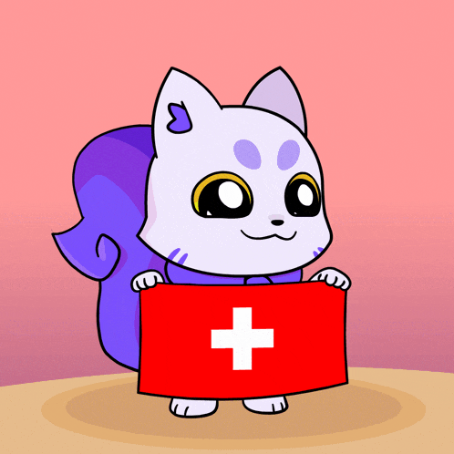 a cartoon cat holding a red flag with a white cross on it
