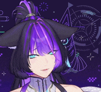a girl with purple hair is wearing a black hat
