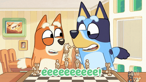 a cartoon of two dogs playing a game of chess with the words eeeeeeee on the bottom