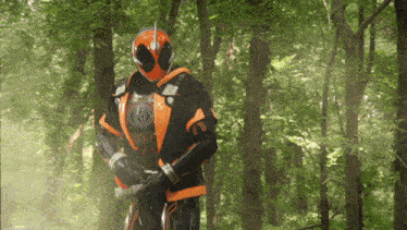 a man in a black and orange costume is standing in the woods