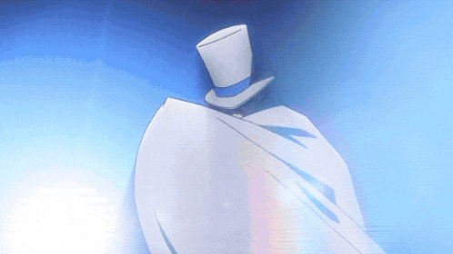 a cartoon character wearing a top hat and a white cape