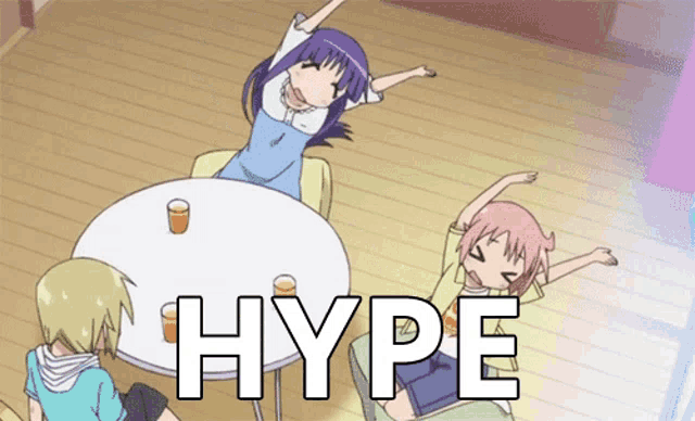 a group of anime characters are sitting around a table with the word hype written in white