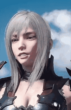 a woman with long white hair and a very large breast is wearing armor .