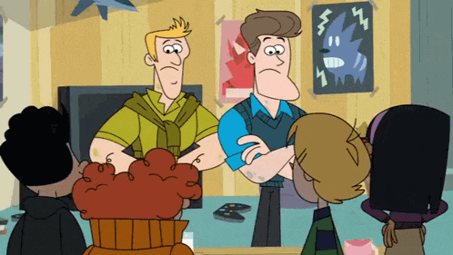 a group of cartoon characters standing around a table with a poster on the wall that says ' i 'm sorry '