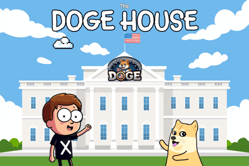 a cartoon of a boy and a doge in front of a white house that says the doge house