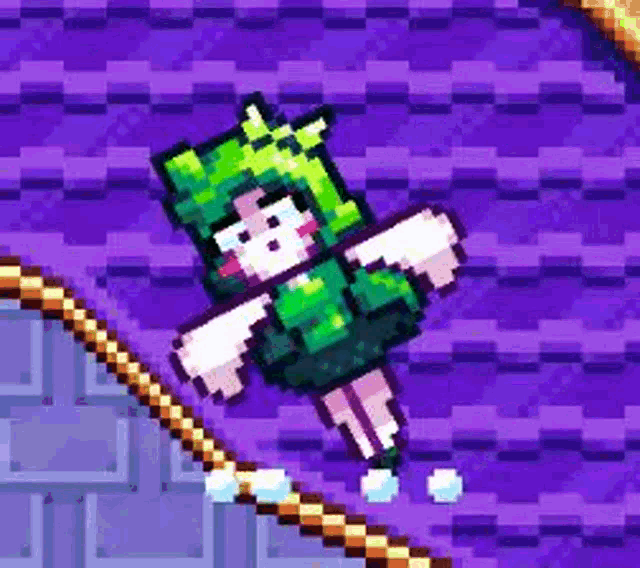 a pixel art of a girl in a green dress flying through the air on a purple background .