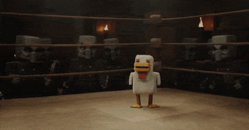 a chicken standing in a boxing ring with skeletons in the background