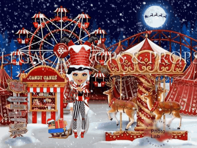a girl stands in front of a candy canes booth